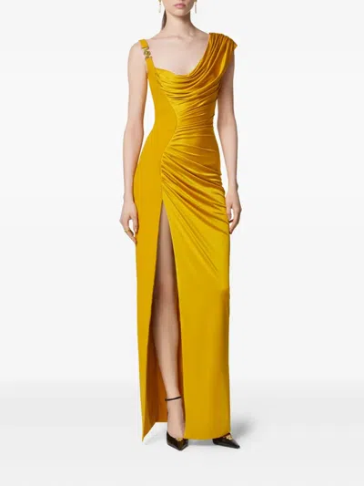 Versace Orange Sleeveless Long Dress With Medusa Plaque On The Front Draping In Yellow
