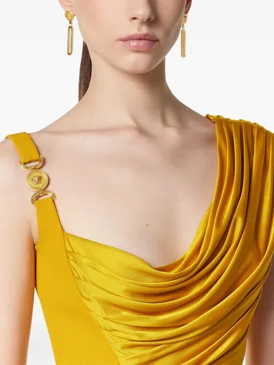 Versace Orange Sleeveless Long Dress With Medusa Plaque On The Front Draping In Yellow