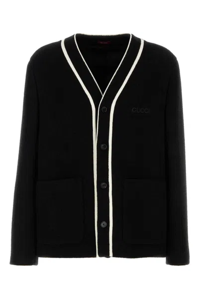 Gucci Wool Blend Cardigan With Contrast Trim And Front Pockets In Black