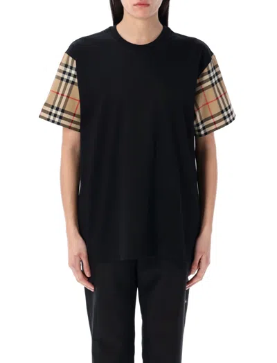 Burberry Black T-shirt With Check Pattern Sleeves Women In Black