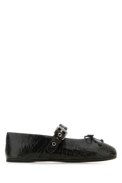 Miu Miu Leather Ballerinas With Bow Detail And Textured Finish In Black