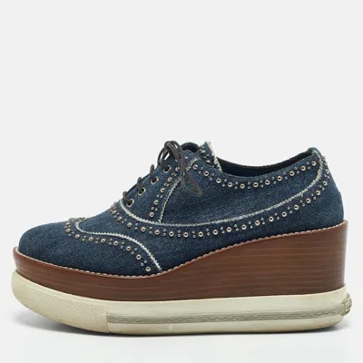 Pre-owned Miu Miu Blue Denim Wedge Platform Oxfords Size 38.5