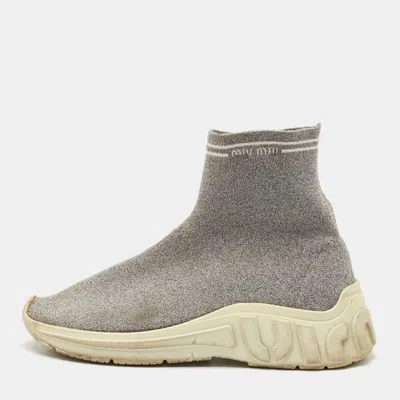 Pre-owned Miu Miu Silver Knit Lurex Fabric Sock Sneakers Size 38