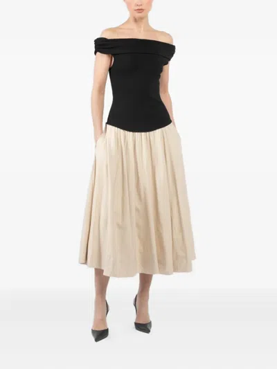 Simkhai Adaline Off-the-shoulder Linen-blend And Recycled Satin-jersey Midi Dress In Multi