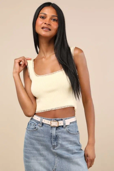 Lulus Josepha Light Yellow Ribbed Knit Ruffled Crop Tank Top In Neutral