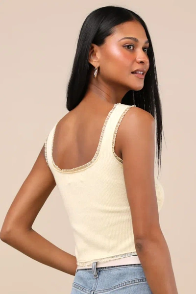Lulus Josepha Light Yellow Ribbed Knit Ruffled Crop Tank Top In Neutral