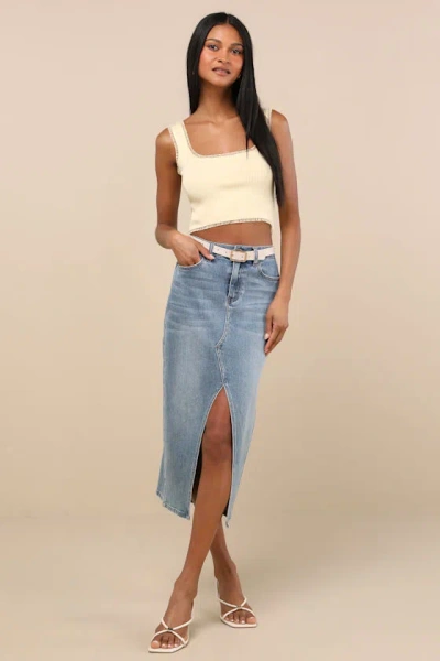 Lulus Josepha Light Yellow Ribbed Knit Ruffled Crop Tank Top In Neutral