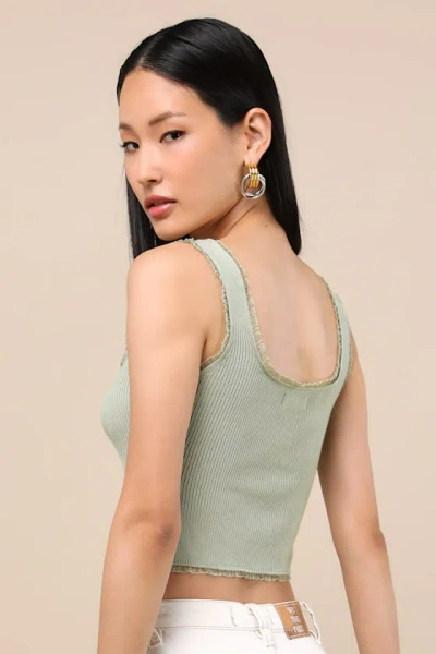 Lulus Josepha Sage Ribbed Knit Ruffled Crop Tank Top In Green