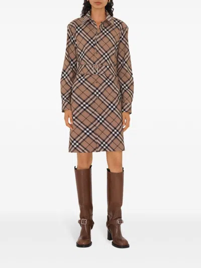 Burberry Waist Belted Shirt Dress With Checked Pattern