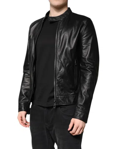 Dolce & Gabbana Black Sheep Leather Biker Full Zip Jacket In Black