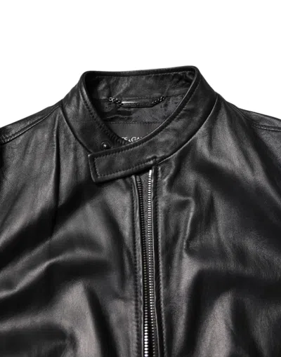 Dolce & Gabbana Black Sheep Leather Biker Full Zip Jacket In Black