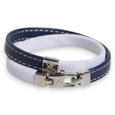 Dolce & Gabbana Blue White Leather Trimmed Dg Engraved Silver Tone Clasp Men's Bracelet