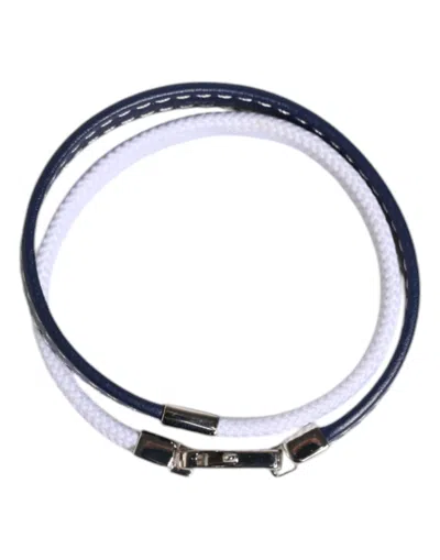 Dolce & Gabbana Blue White Leather Trimmed Dg Engraved Silver Tone Clasp Men's Bracelet