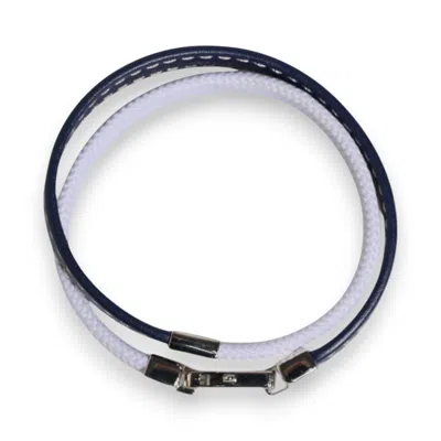 Dolce & Gabbana Blue White Leather Trimmed Dg Engraved Silver Tone Clasp Men's Bracelet
