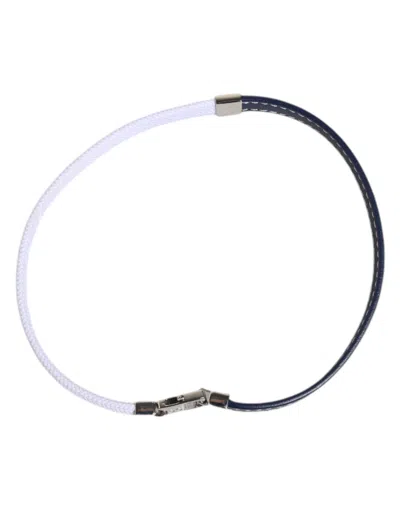 Dolce & Gabbana Blue White Leather Trimmed Dg Engraved Silver Tone Clasp Men's Bracelet