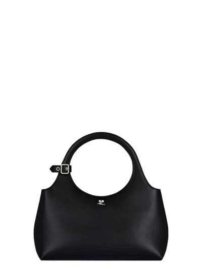 Courrèges Rounded Calf Leather Shoulder Bag With Circular Handle Cutout In Black
