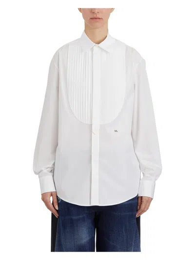 Dsquared2 Cotton Poplin Tuxedo Shirt With Pleated Plastron And D. C. Embroidery In White