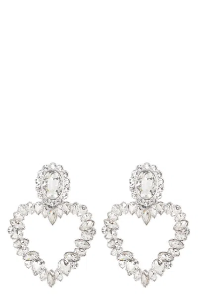 Self-portrait Silver-colored Heart-shaped Earrings With All-over Applied Crystals In Brass Woman