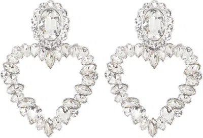Self-portrait Silver-colored Heart-shaped Earrings With All-over Applied Crystals In Brass Woman