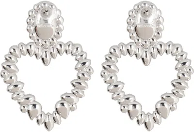 Self-portrait Silver-colored Heart-shaped Earrings With All-over Applied Crystals In Brass Woman