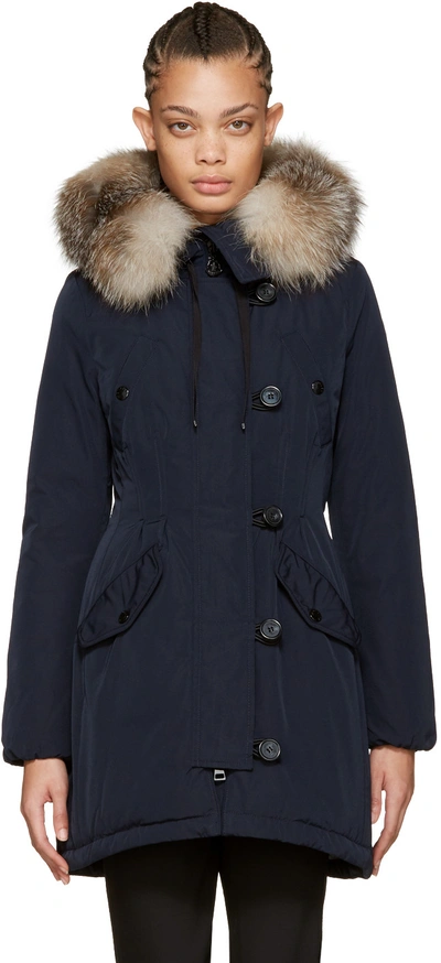 Shop Moncler Navy Down & Fur Aredhel Coat