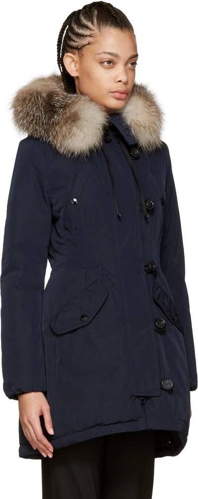 Shop Moncler Navy Down & Fur Aredhel Coat