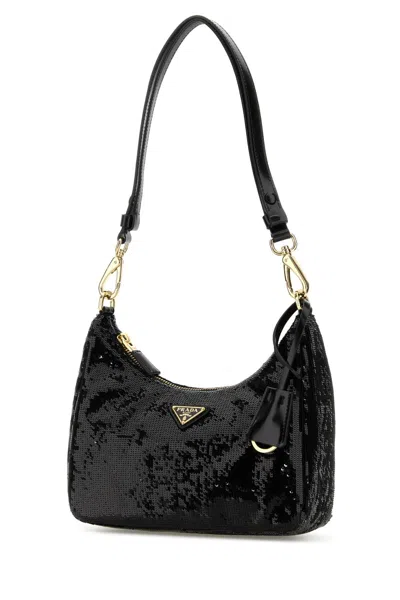 Prada Fabric Re-edition Shoulder Bag With Sequin Embellishment In Black