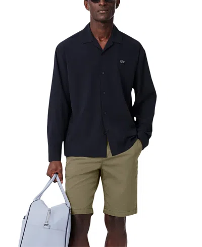 Lacoste Embroidered Crocodile Detail Blue Lino Shirt In Black