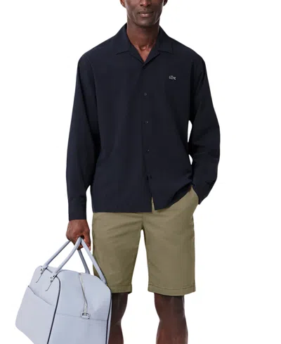 Lacoste Embroidered Crocodile Detail Blue Lino Shirt In Black