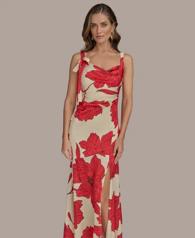 Donna Karan Satin Floral Draped Neck Gown In Red