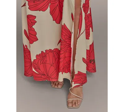 Donna Karan Satin Floral Draped Neck Gown In Red