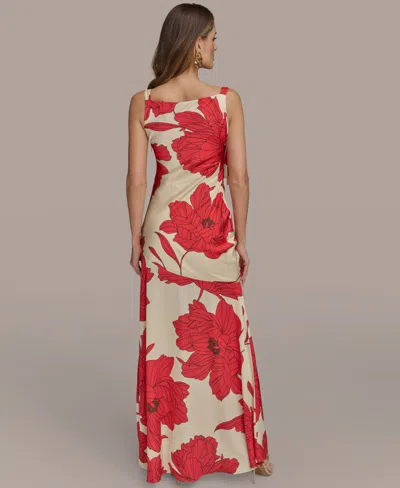 Donna Karan Satin Floral Draped Neck Gown In Red