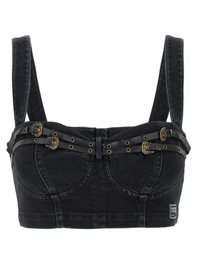 Versace Jeans Couture Baroque Buckle Denim Top With Heart Neck