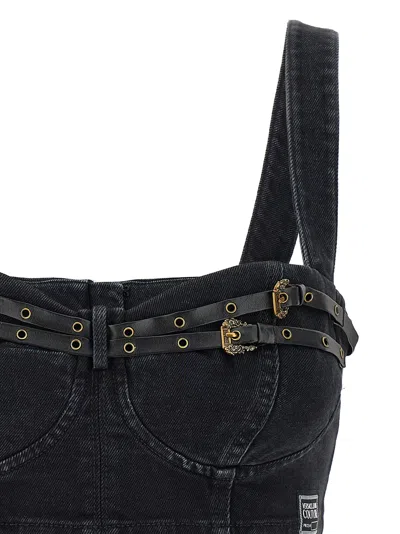 Versace Jeans Couture Baroque Buckle Denim Top With Heart Neck