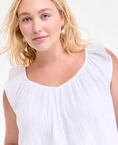On 34th Plus Size Cotton Gauze V-neck Flutter-sleeve Top, Exclusively At Macy's In White