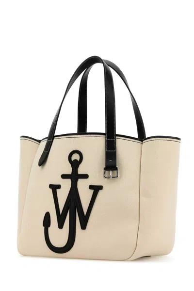 Jw Anderson White Shopper With Jw Logo On The Front In Canvas And Leather Woman In Neutral