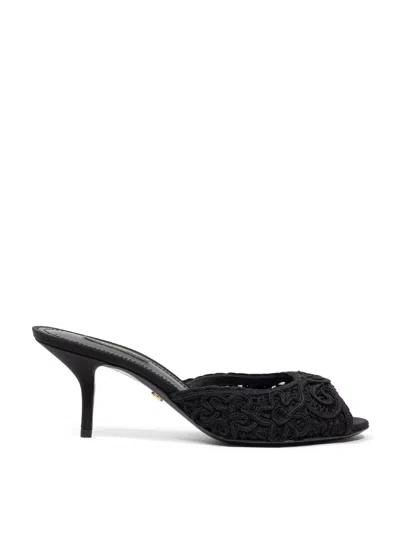 Dolce & Gabbana Black Embroidered Slip On Heels Slides Shoes In Black
