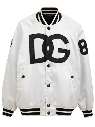Dolce & Gabbana White Dg Logo Polyester Jersey Bomber Jacket