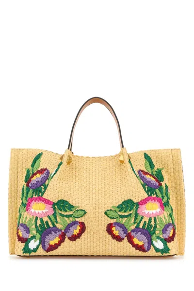 Valentino Raffia Vlogo Signature Shoulder Bag In Nude