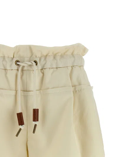 Moncler Twill Shorts With Drawstring Waist And Ruffled Trim In Neutral