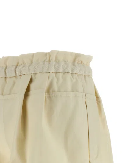Moncler Twill Shorts With Drawstring Waist And Ruffled Trim In Neutral