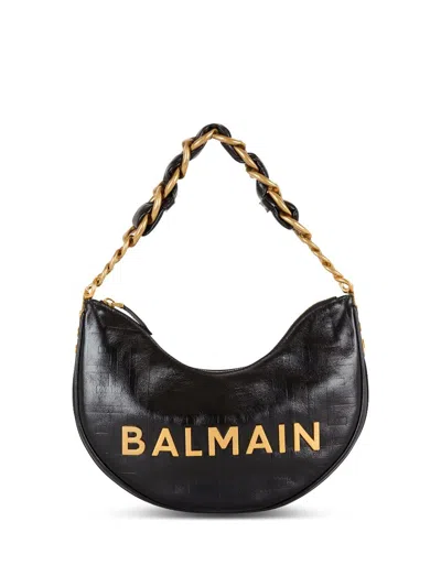 Balmain 1945 Soft Moon Bag In Crinkled Calfskin Leather Embossed With A Pb Labyrinth Monogram