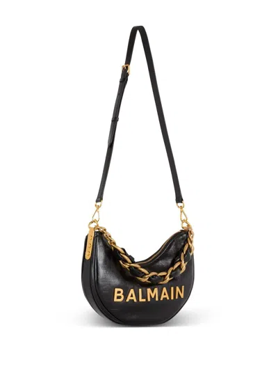 Balmain 1945 Soft Moon Bag In Crinkled Calfskin Leather Embossed With A Pb Labyrinth Monogram