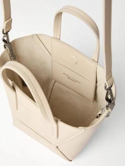Brunello Cucinelli Structured Geometric Paneling Shoulder Bag With Detachable Strap In Neutral