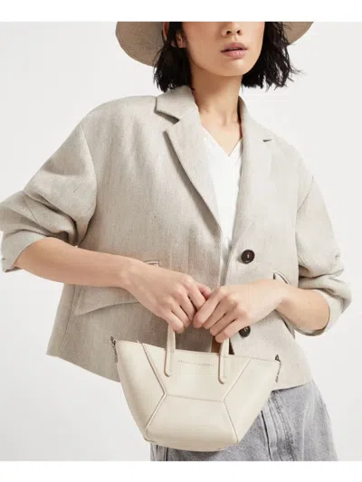 Brunello Cucinelli Structured Geometric Paneling Shoulder Bag With Detachable Strap In Neutral