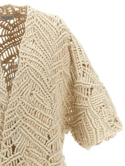 Brunello Cucinelli 'macramé Crochet' Short Sleeve Cardigan With Fringe
