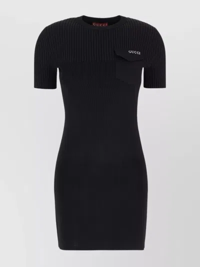 Gucci Stretch Nylon Blend Dress With Chest Pocket In Black