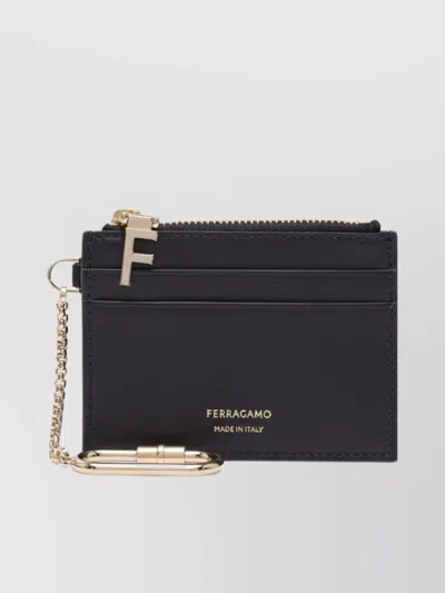Ferragamo Hot Stamp Zip Leather Card Holder In Black
