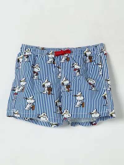 Mc2 Saint Barth Jean Blue Swim Shorts With Elastic Drawstring Waist And All-over Striped Motif With Print In Tech Fa