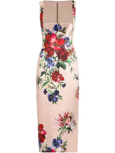 Dolce & Gabbana Flower Print Satin Sheath Longuette Dress